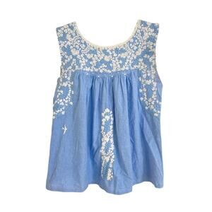 Mi Golondrina Flores Embroidered Mexican Top Blouse Blue White Cotton Tuckernuck